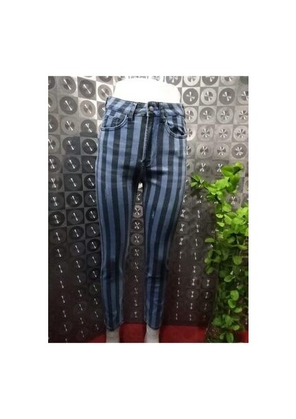 Kadın Çizgili Rikralı Yüksek Bel Dar Paça Kot Pantolon