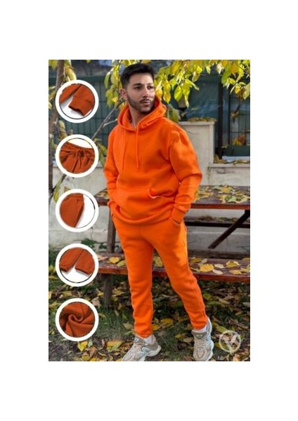 Erkek Turuncu 3 Iplik Kapşonlu Puf Eşofman Takımı