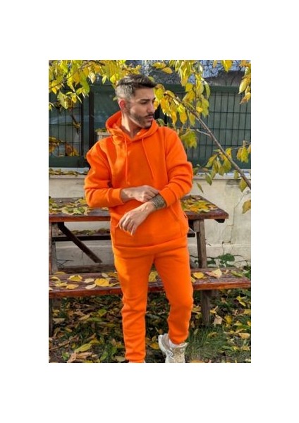 Erkek Turuncu 3 Iplik Kapşonlu Puf Eşofman Takımı modelleri