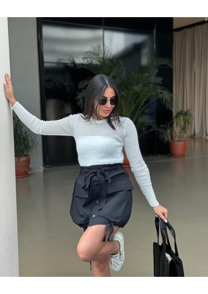 Nur Sönmez Fashion Kargo Cepli  Siyah Kısa Etek