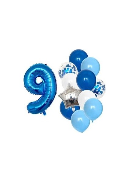 Mavi Rakam Balon Pullu Şeffaf Balon Mavi Tonları Balon Buketi