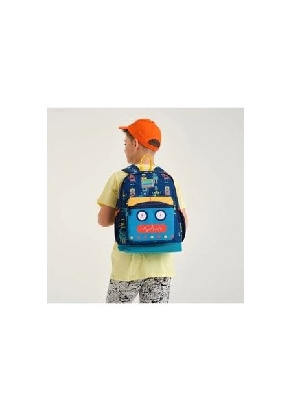 Robot Desenli Dört Bölmeli Okul Çantası Beslenme Kalemlik 3 Lü Set 23472