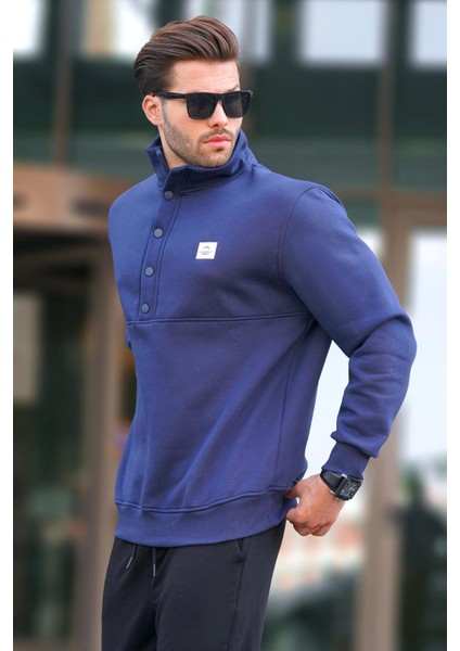 Lacivert Dik Yakalı Düğme Detaylı Erkek Sweatshirt 7060