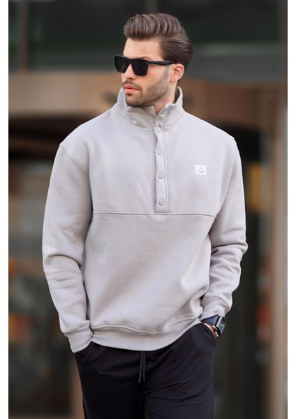 Boyalı Gri Dik Yakalı Düğme Detaylı Erkek Sweatshirt 7060