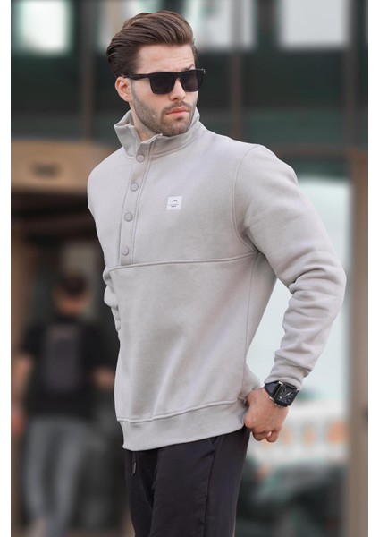Boyalı Gri Dik Yakalı Düğme Detaylı Erkek Sweatshirt 7060 fiyatları