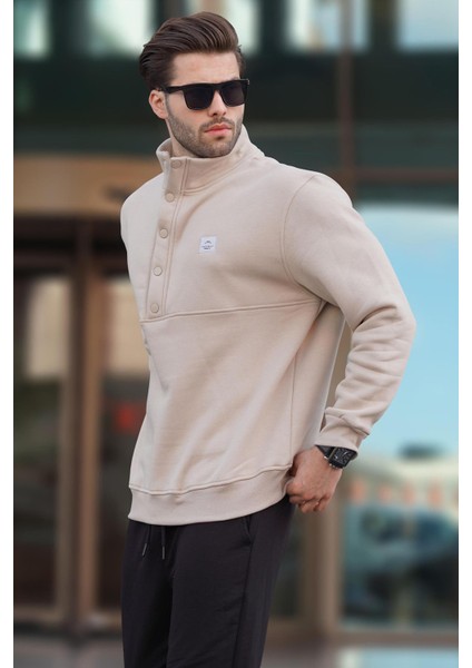 Bej Dik Yakalı Düğme Detaylı Erkek Sweatshirt 7060 fiyatları