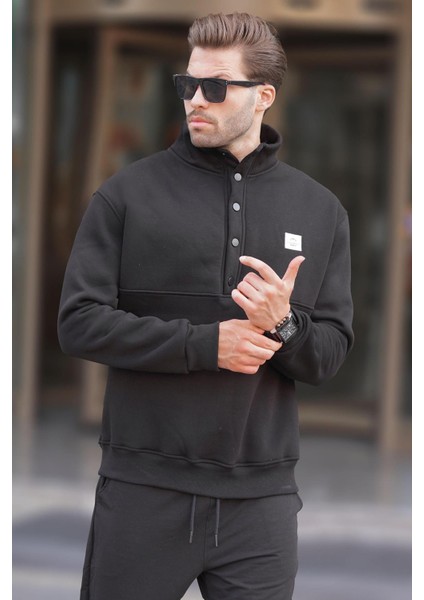 Siyah Dik Yakalı Düğme Detaylı Erkek Sweatshirt 7060