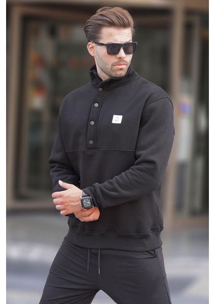 Siyah Dik Yakalı Düğme Detaylı Erkek Sweatshirt 7060 fiyatları