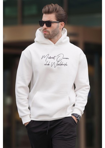 Ekru Kapüşonlu Cep Detaylı Baskılı Erkek Sweatshirt 7064
