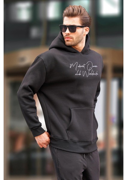 Siyah Kapüşonlu Cep Detaylı Baskılı Erkek Sweatshirt 7064