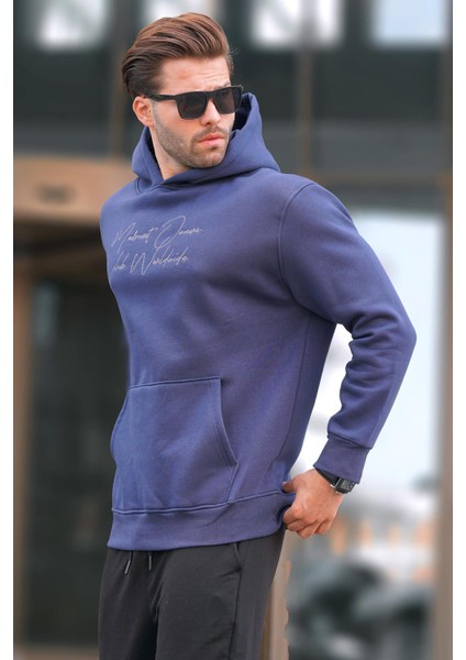 Lacivert Kapüşonlu Cep Detaylı Baskılı Erkek Sweatshirt 7064