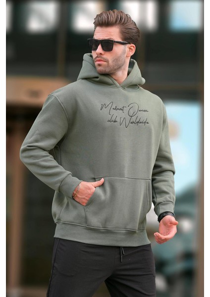Haki Kapüşonlu Cep Detaylı Baskılı Erkek Sweatshirt 7064