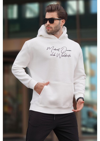 Ekru Kapüşonlu Cep Detaylı Baskılı Erkek Sweatshirt 7064