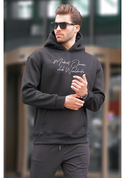 Siyah Kapüşonlu Cep Detaylı Baskılı Erkek Sweatshirt 7064