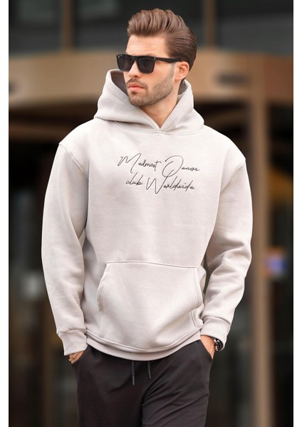 Boyalı Gri Kapüşonlu Cep Detaylı Baskılı Erkek Sweatshirt 7064