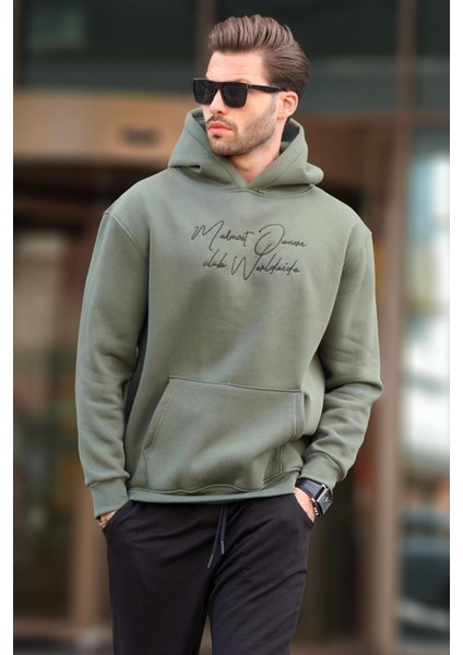 Haki Kapüşonlu Cep Detaylı Baskılı Erkek Sweatshirt 7064