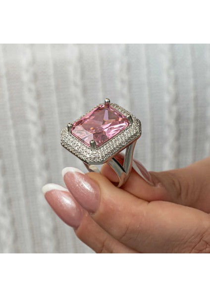 Gümüş Pembe Zirkon Taşlı Kadın Yüzük