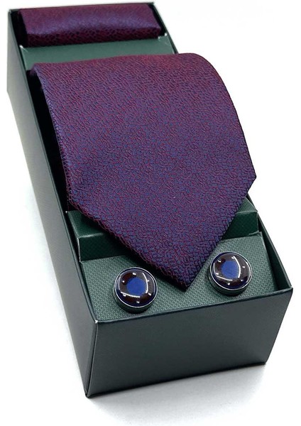 Bordo - Lacivert Mendilli Kravat Bordo Kol Düğmesi Seti OS567