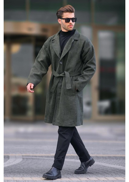 Haki Kruvaze Yaka Desenli Kaşe Kaban 7250