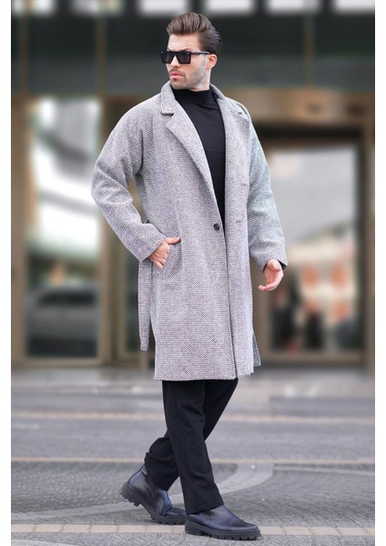 Beyaz Kruvaze Yaka Desenli Kaşe Kaban 7250