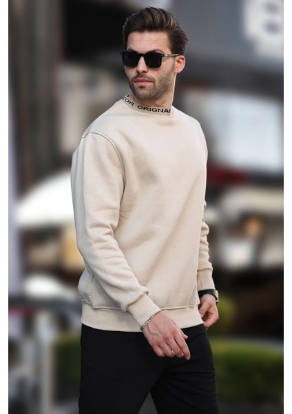 Bej Bisiklet Yaka Şardonlu Erkek Sweatshirt 7047 modelleri