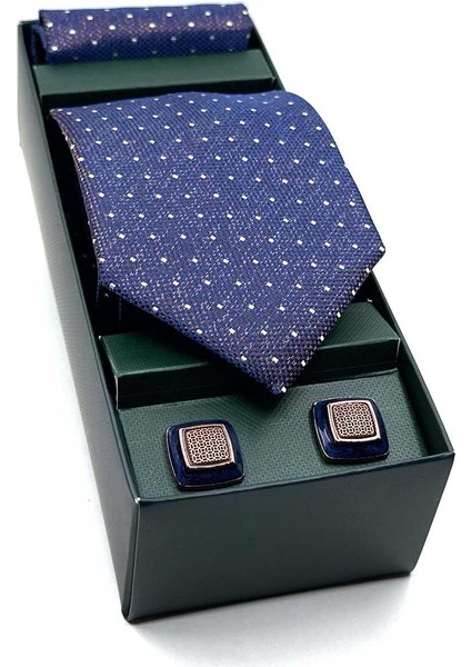 Lacivert Mendilli Kravat Kahve Kol Düğmesi Seti OS579