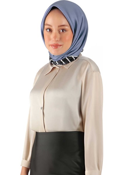 Indigo Çizgi Desen Twill Ipek Eşarp