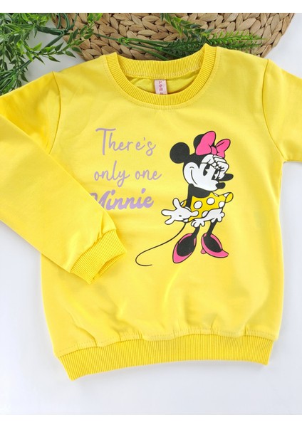 Kız Çocuk Sweatshirt Mevsimlik Minnie Mouse Baskılı Pembe ve Sarı Renk Seçenekleri Premium Kalite