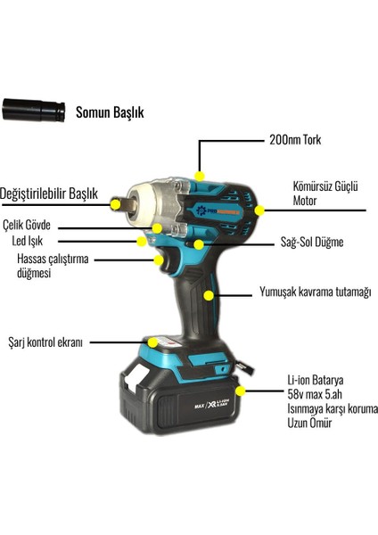 PH-SM009 58W 5AH Kömürsüz Şarjlı Somun Sıkma (Mavi)