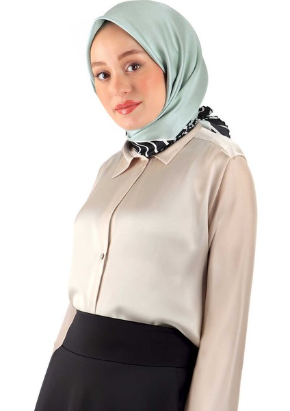 Mint Çizgi Desen Twill Ipek Eşarp