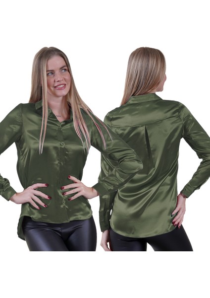 Haki Hafif Dökümlü Sırtı Körüklü Saten Dokuma Kadın Gömlek fiyatları