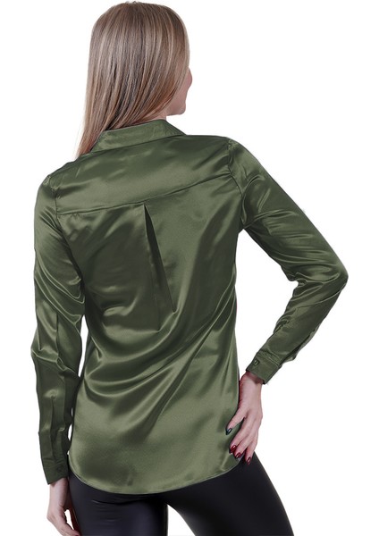 Haki Hafif Dökümlü Sırtı Körüklü Saten Dokuma Kadın Gömlek modelleri
