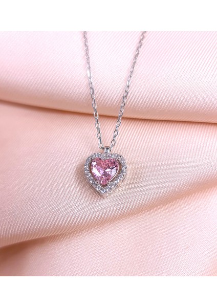 Vüs Jewel Gümüş Rodyumlu Pırlanta Modeli Pembe Zirkon Taşlı Kalp Kolye Yüzük Küpe Takı Seti