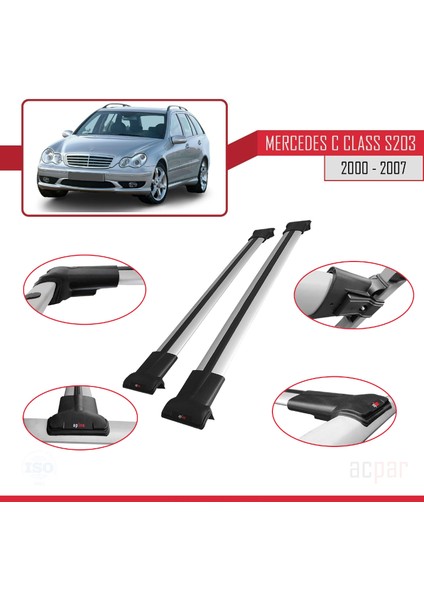 Mercedes C Class (S203) 2000-2007 Arası ile Uyumlu Fly Model Ara Atkı Tavan Barı Gri 2 Adet