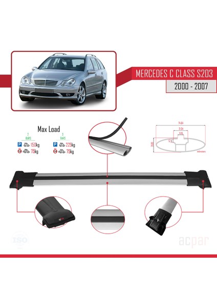 Mercedes C Class (S203) 2000-2007 Arası ile Uyumlu Fly Model Ara Atkı Tavan Barı Gri 2 Adet