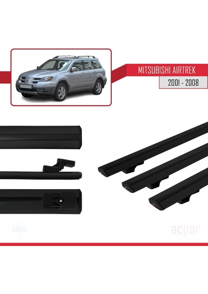 Mitsubishi Airtrek 2001-2008 Arası ile Uyumlu Basıc Model Universal Ara Atkı Tavan Barı Siyah 3 Adet