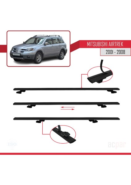 Mitsubishi Airtrek 2001-2008 Arası ile Uyumlu Basıc Model Universal Ara Atkı Tavan Barı Siyah 3 Adet