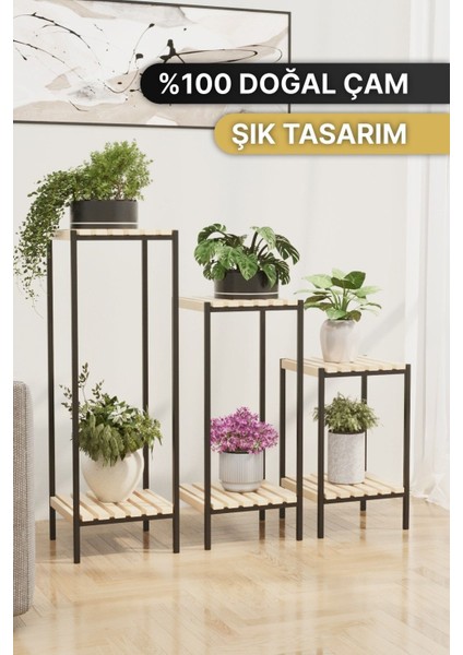 Tekno Trust Retro Saksılık 3 Lü Set Ahşap Çiçeklik Dekoratif Lüks Bahçe Mobilyası Saksı Standı Bahçe Balkon Raf