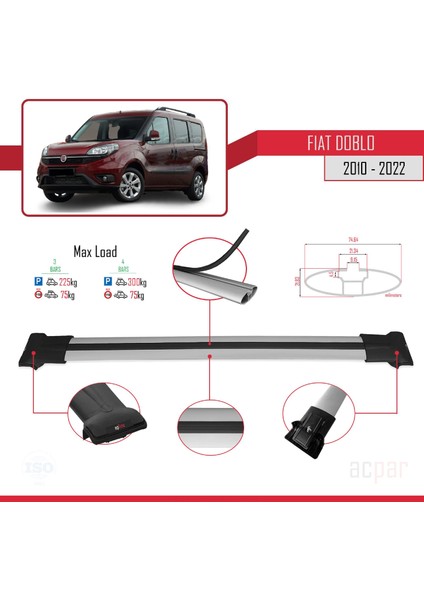 Fiat Doblo 2010-2022 Arası ile Uyumlu Fly Model Ara Atkı Tavan Barı Gri 3 Adet Bar modelleri