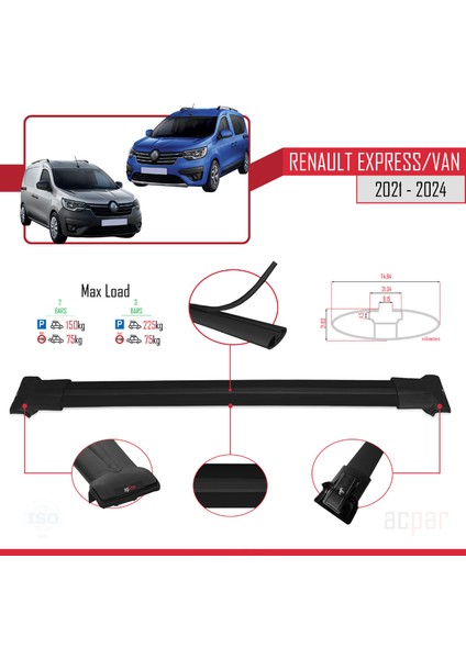 Renault Express 2021 ve Sonrası ile Uyumlu Fly Model Ara Atkı Tavan Barı Siyah