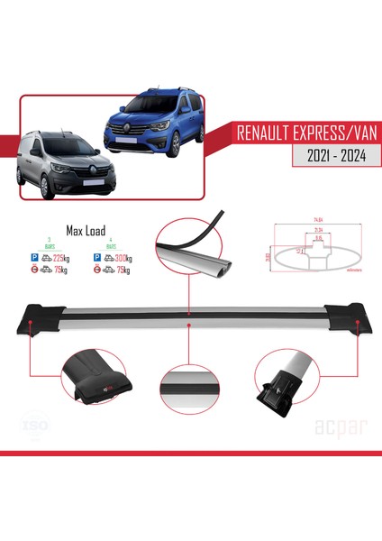 Renault Express 2021 ve Sonrası ile Uyumlu Fly Model Ara Atkı Tavan Barı Gri 4 Adet