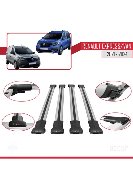 Renault Express 2021 ve Sonrası ile Uyumlu Fly Model Ara Atkı Tavan Barı Gri 4 Adet