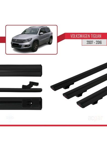 Volkswagen Tiguan 2007-2016 Arası ile Uyumlu Basıc Model Ara Atkı Tavan Barı Siyah 3 Adet
