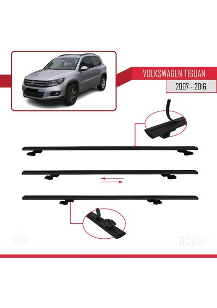 Volkswagen Tiguan 2007-2016 Arası ile Uyumlu Basıc Model Ara Atkı Tavan Barı Siyah 3 Adet