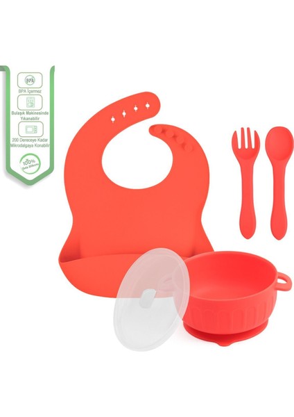 Silikon Beslenme Seti Silikon Vakumlu Kapaklı Mama Kase , Silikon Önlük, Çatal-Kaşık / Kırmızı