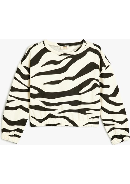 Crop Sweatshirt Desenli Yuvarlak Yaka Uzun Kollu Pamuklu
