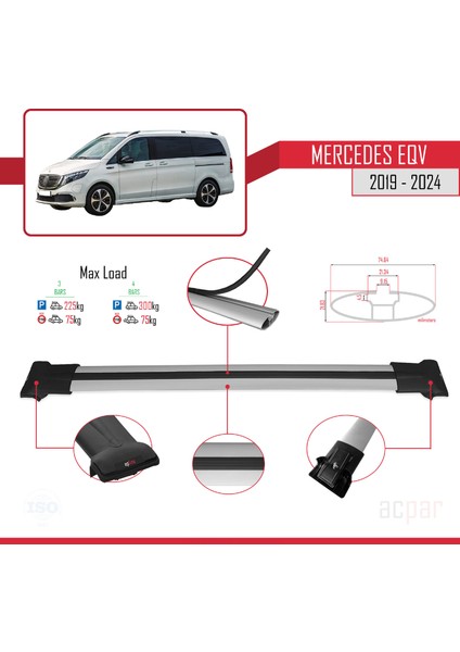 Mercedes Eqv (W447) 2019 ve Sonrası ile Uyumlu Fly Model Ara Atkı Tavan Barı Gri 3 Adet Bar modelleri