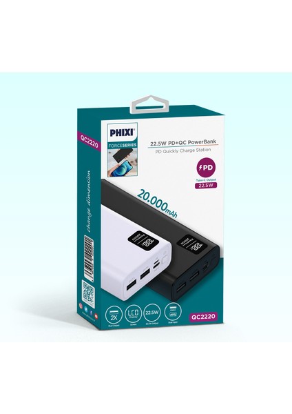 Hızlı Şarjlı Force 20.000MAH LCD Ekranlı 22.5W Pd Destekli Powerbank