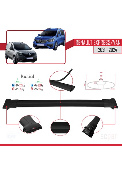 Renault Express 2021 ve Sonrası ile Uyumlu Fly Model Ara Atkı Tavan Barı Siyah 4 Adet