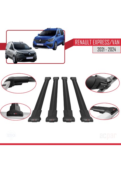 Renault Express 2021 ve Sonrası ile Uyumlu Fly Model Ara Atkı Tavan Barı Siyah 4 Adet
